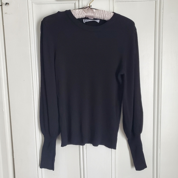 Zara Black Ribbed Balloon Sleeve Sweater - Picture 1 of 5